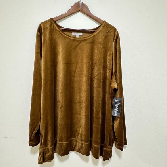 NWT Woman Within Velour Plush Tunic Toffee Brown Comfy Sweatshirt Soft 2X 26/28 - Picture 2 of 10
